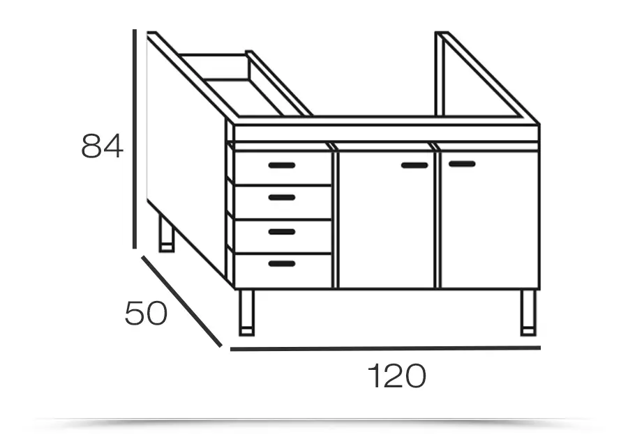Mobile sottolavello 120x50 cm color bianco per la cucina con 2 ante e  cassettiera sinistra
