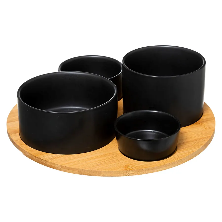 ROMINOX Set Regalo Piatto In Bambù E Ciotola In Ceramica – 4 Scomparti Per Tapas, Snack E Salse – Eleganza Pratica Per L'Aperitivo!