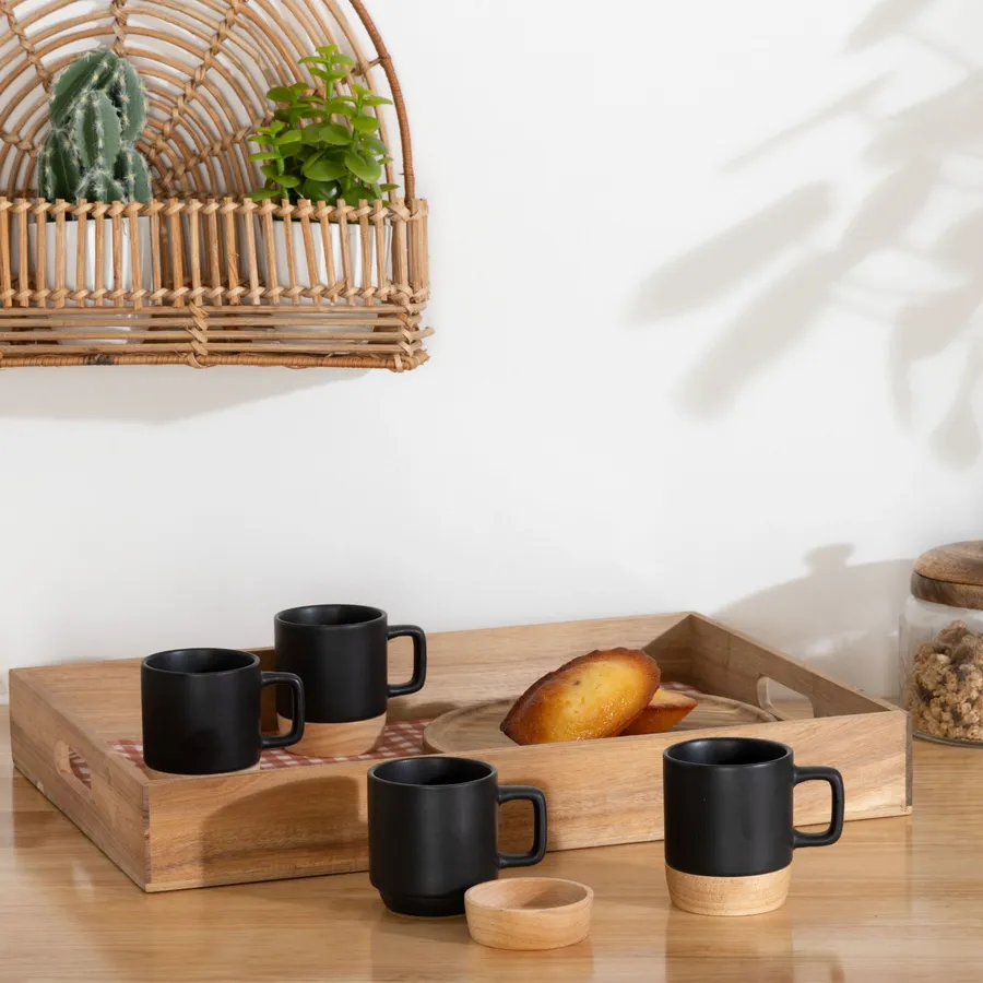 Tazzine Da Caffè In Ceramica Stile Giapponese Con Manico In Legno | Set Da 4, 75ml, Sfumate Artigianali