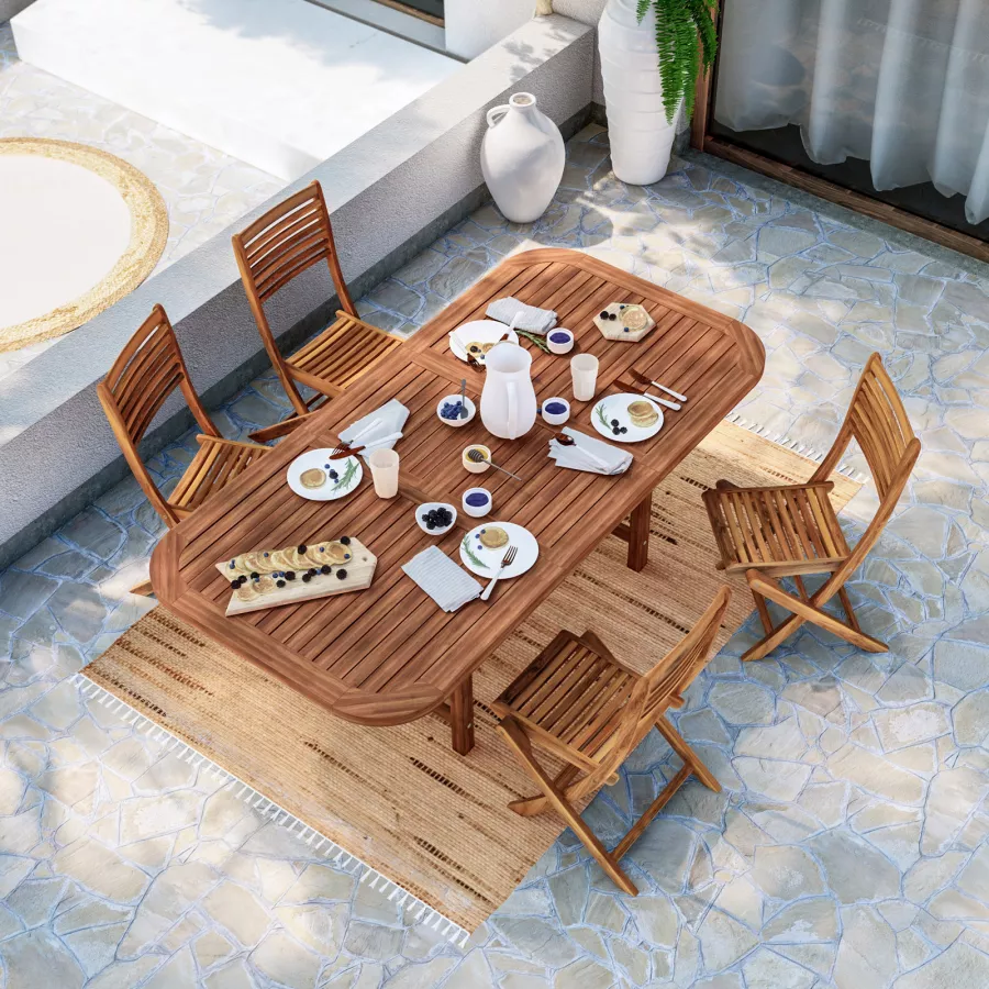 Set pranzo con tavolo allungabile 150/200x100 cm e 4 sedie pieghevoli in  legno di acacia 