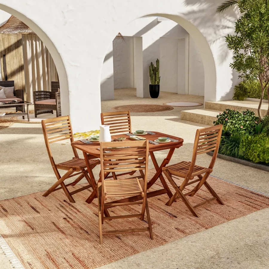 Set pranzo tavolo allungabile pieghevole 120/160x80 cm con 4 sedie  pieghevoli in legno di acacia 