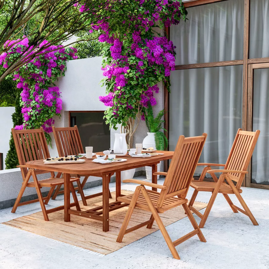Set pranzo tavolo allungabile 150/200x100 cm e 4 sedie con braccioli  regolabili in legno di
