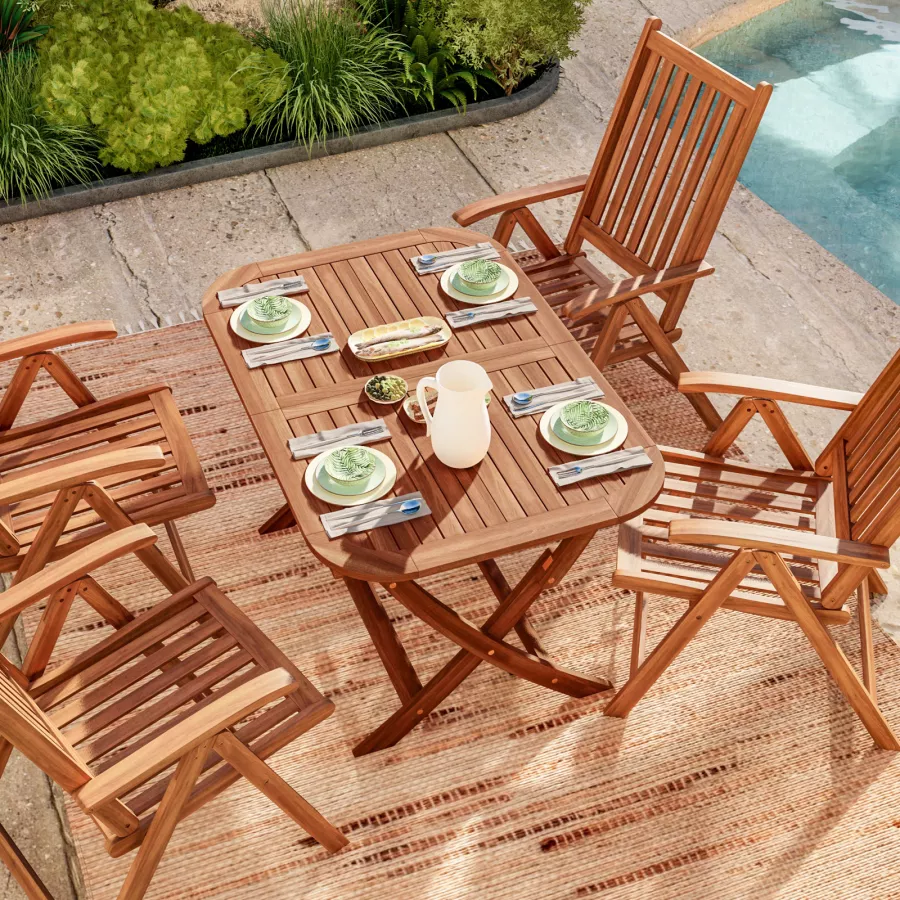 Set pranzo tavolo allungabile pieghevole 120/160x80 cm e 4 sedie con  braccioli regolabili in legno