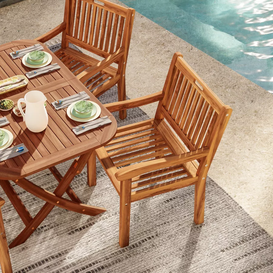 Set pranzo con tavolo allungabile pieghevole 120/160x80 cm e 4 sedie con  braccioli in legno