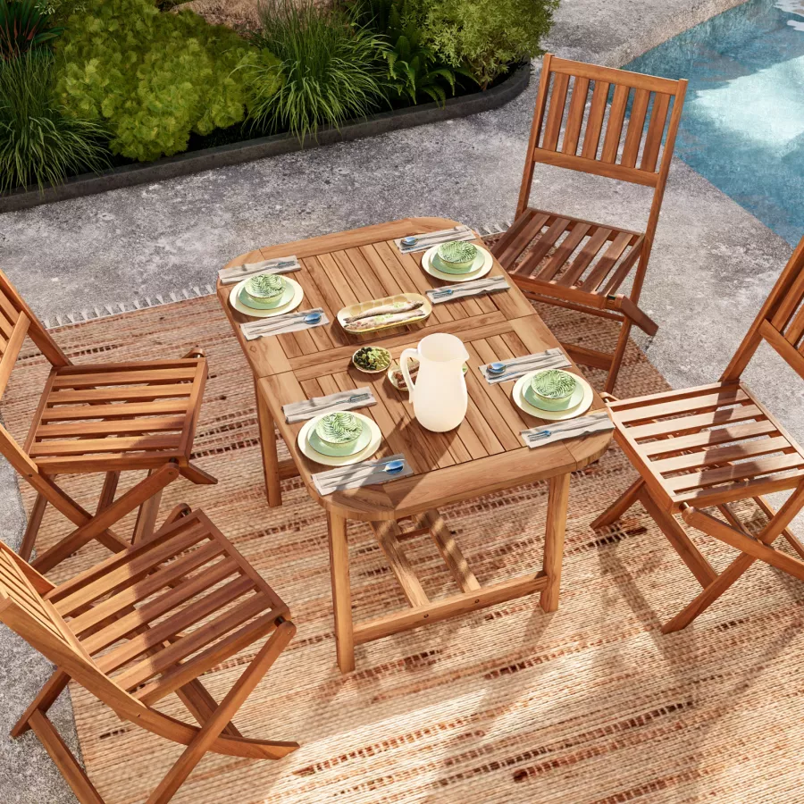 Set pranzo tavolo allungabile pieghevole 120/160x80 cm con 4 sedie  pieghevoli in legno di acacia 