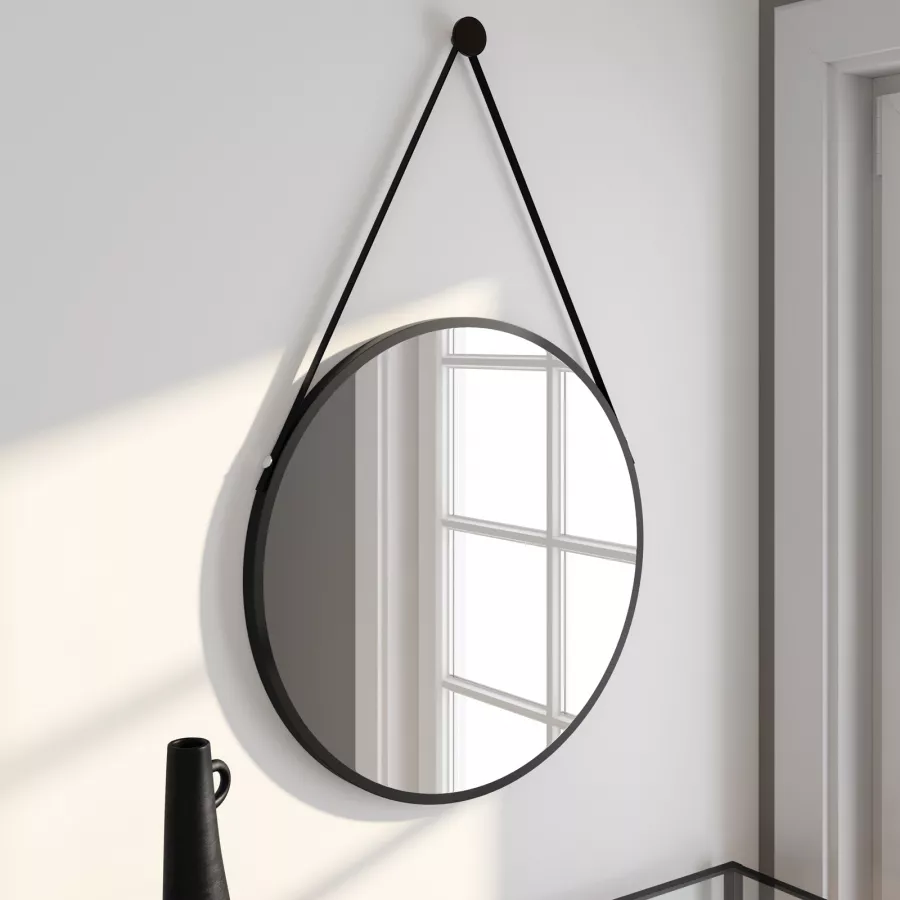 Specchio da parete tondo Ø 60 cm con cornice e cinghia nera - Edel