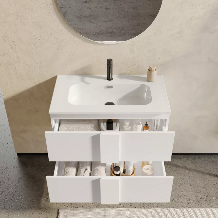 DEGHI MOBILI Mobile Bagno Sospeso 80 Cm Bianco Lucido Con Lavabo Dx E  Semicolonna - Dalia