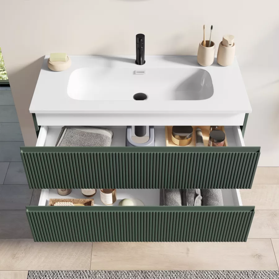 Composizione Bagno 4 Pezzi Venere – Mobile Con Lavabo, Specchio E Luce LED – Verde Salvia, 81×46,5×190 Cm