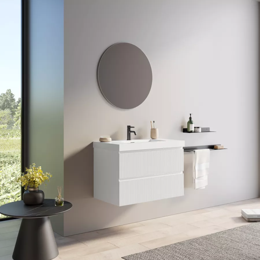 DEGHI MOBILI Mobile Bagno Sospeso 80 Cm Bianco Lucido Con Lavabo Dx E  Semicolonna - Dalia