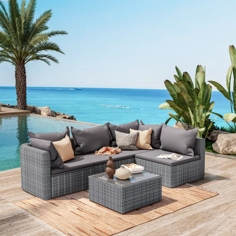 Set relax divano angolare con cuscini e tavolino da caffè in polyrattan  grigio - Horizon