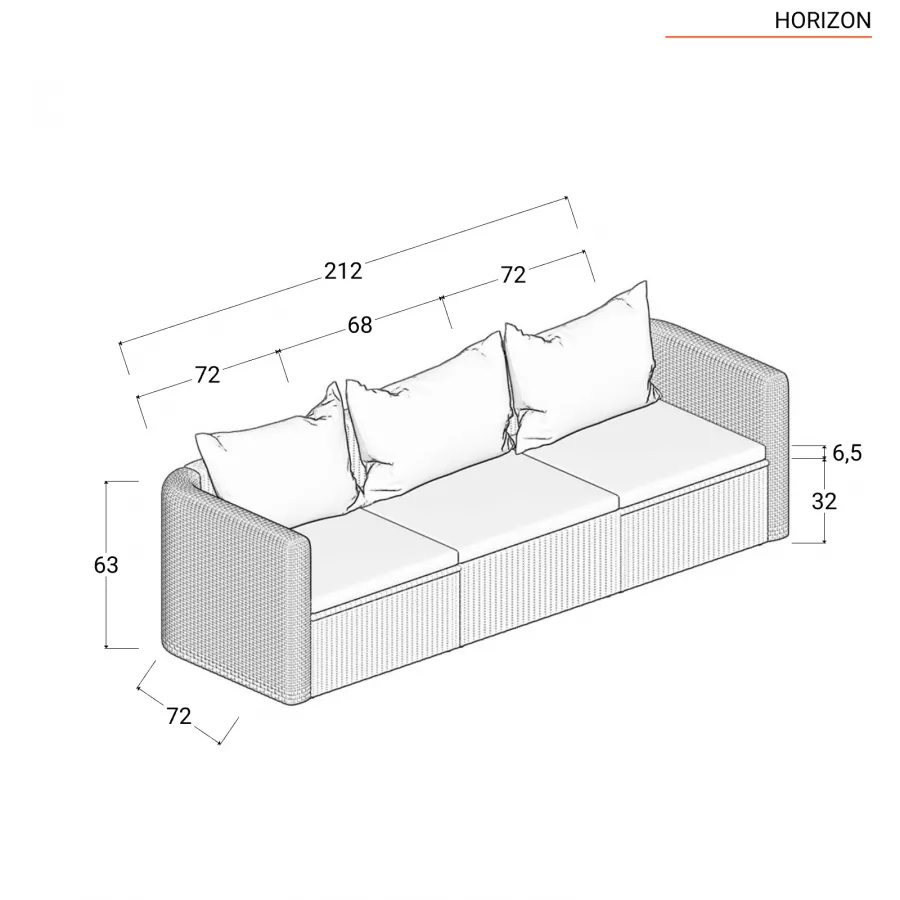 Divano da giardino 3 posti in polyrattan grigio con cuscini - Horizon