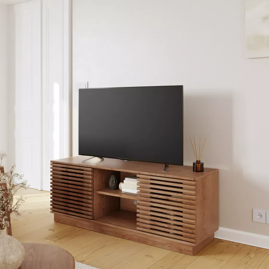 Mobile porta TV 130x50 cm in legno di acacia cannettato - Karan