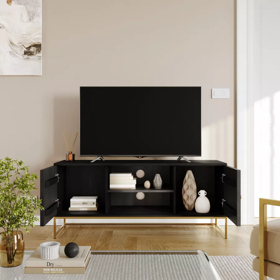 Mobile porta tv 130x55 cm in legno di mango grigio scuro cannettato e  metallo oro - Dunkel