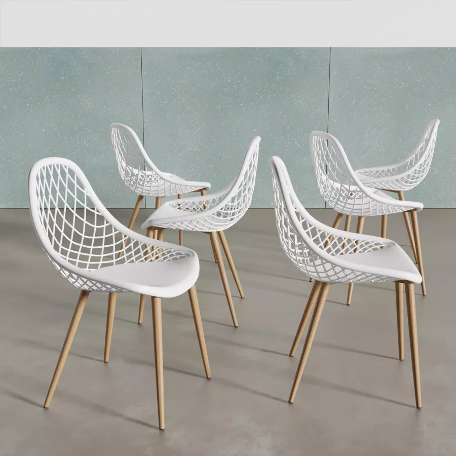 Set 6 sedie in polipropilene bianco con gambe in legno - Timeles