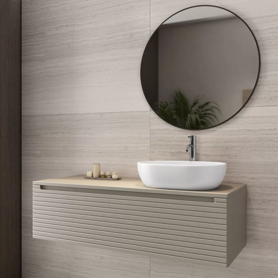 Mobile bagno sospeso 120 cm bianco opaco cannettato con lavabo dx e  specchio - Deck