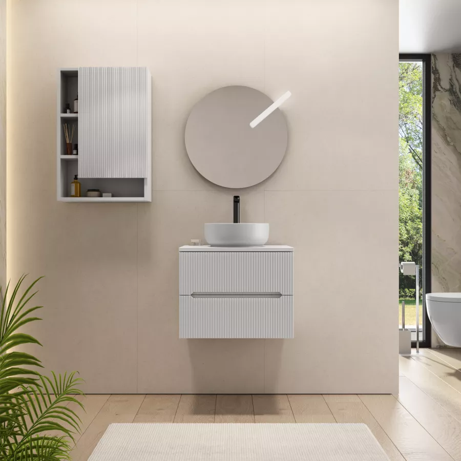 Mobile bagno sospeso 120 cm bianco opaco cannettato con lavabo dx e  specchio - Deck