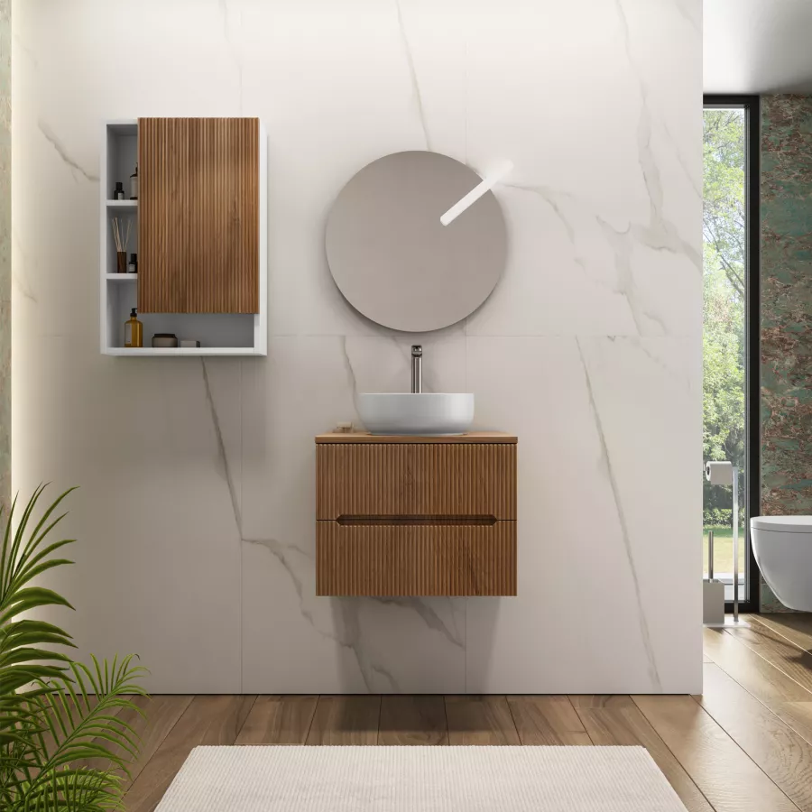 Mobile bagno portalavabo 60 cm cannettato con cassetti noce maior e  specchio - Tayga