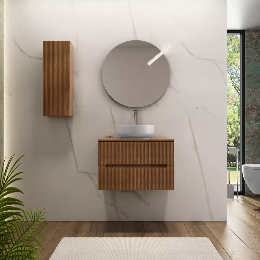 Mobile bagno portalavabo 70 cm cannettato con cassetti noce maior e  specchio - Tayga