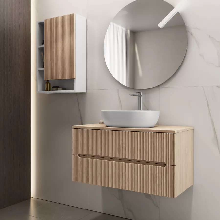 Mobile bagno portalavabo 90 cm cannettato con cassetti rovere portofino e  specchio - Tayga