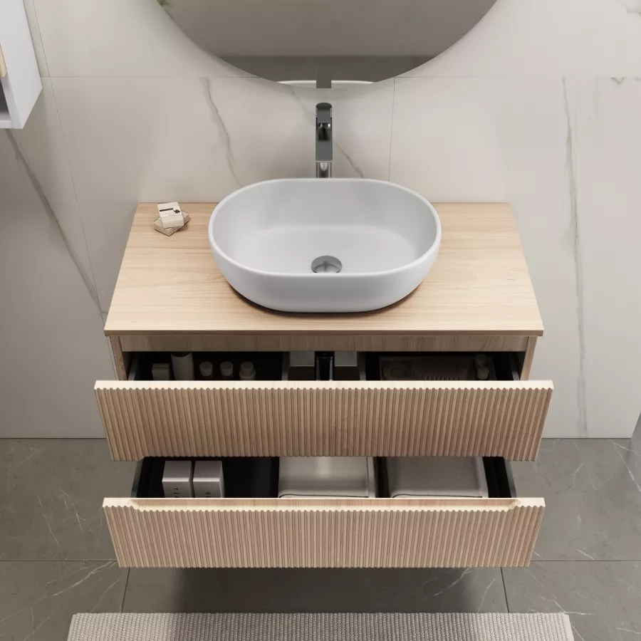 Mobile bagno portalavabo 90 cm cannettato con cassetti rovere