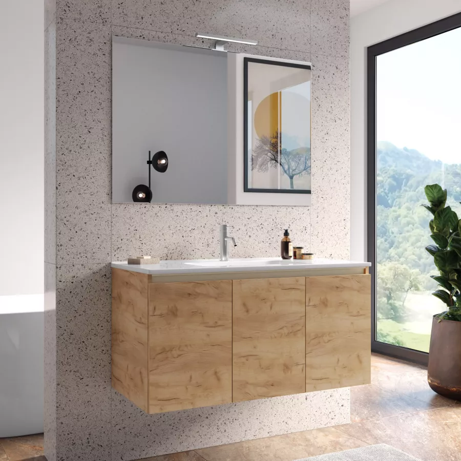 Mobile bagno sospeso con ante 100 cm rovere gold con lavabo in ceramica e  specchio - Cuki