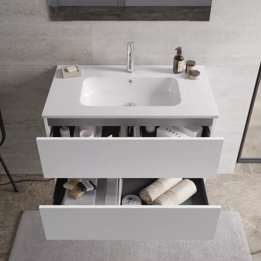 Mobile bagno sospeso 80 cm due cassetti bianco opaco con top