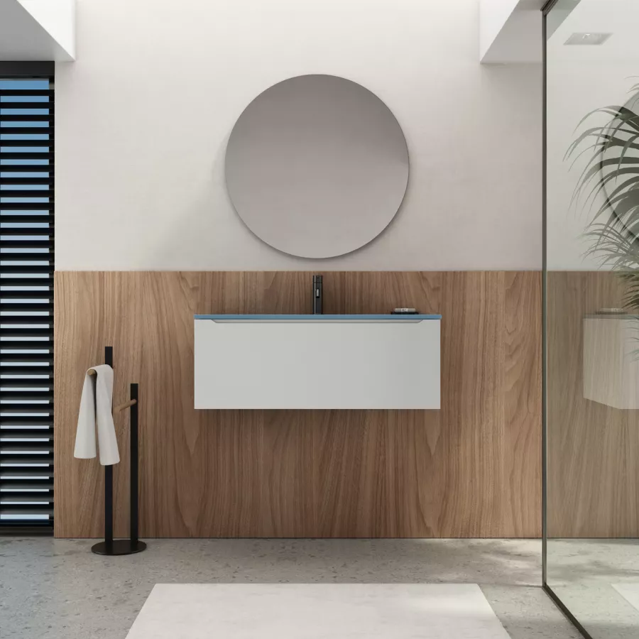 Mobile bagno sospeso 90 cm bianco opaco con lavabo in vetro blu opaco e  specchio - Sleek