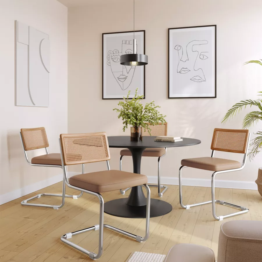 OHMG Set Sedie Da Pranzo Cantilever In Similpelle Cappuccino - 2/4/6 Pezzi, Design Moderno, Gambe In Acciaio