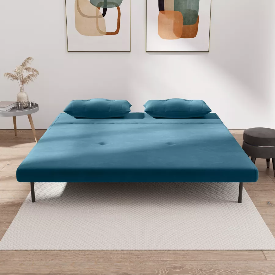 Divano letto 2 posti 133x80 cm in velluto blu petrolio con schienale  regolabile in 6 posizioni 