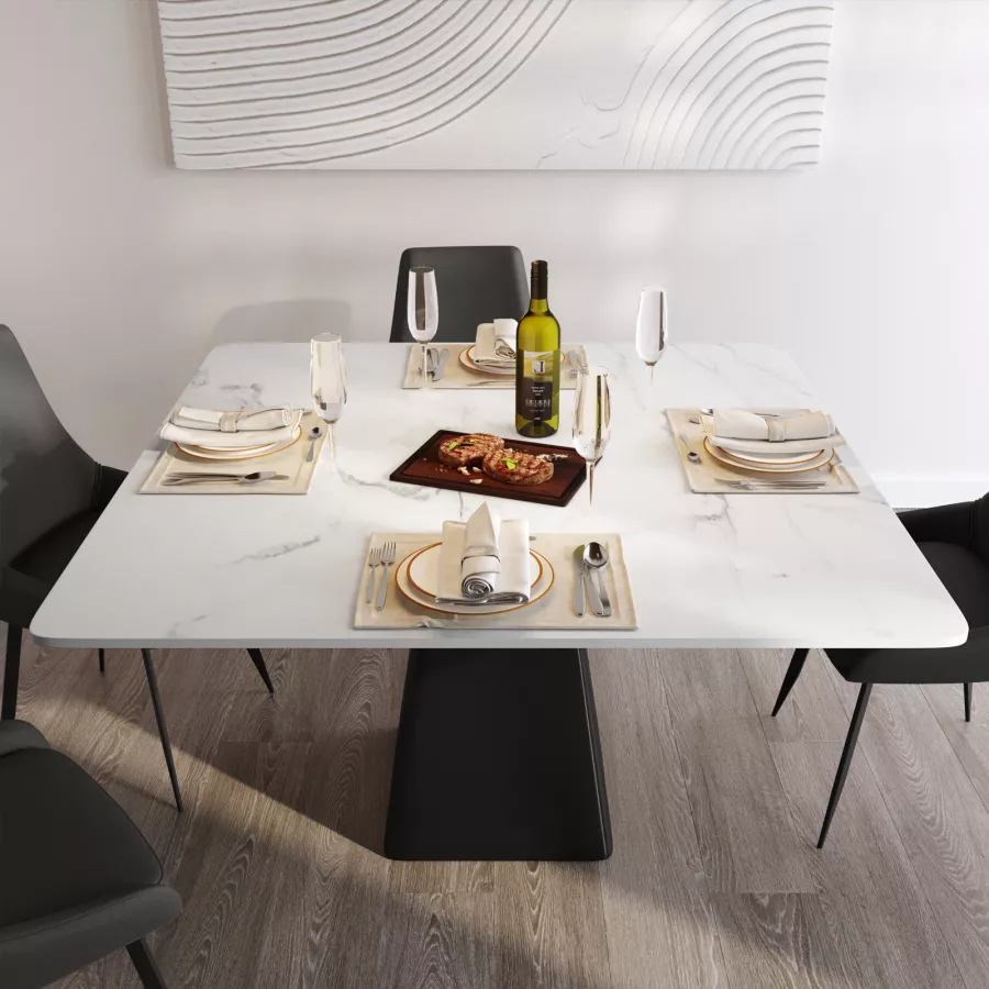 Tavolo quadrato 130 cm con piano in ceramica effetto marmo bianco