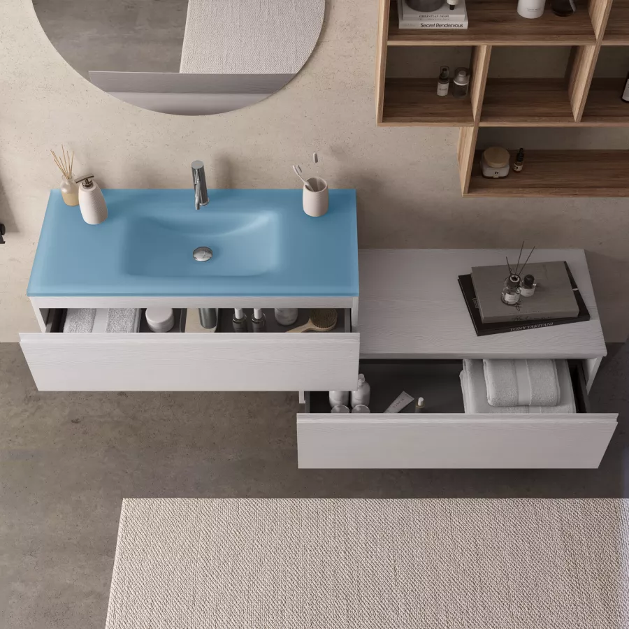 Mobile bagno sospeso 100 cm con cassettone bianco opaco e lavabo vetro blu  opaco - Verano