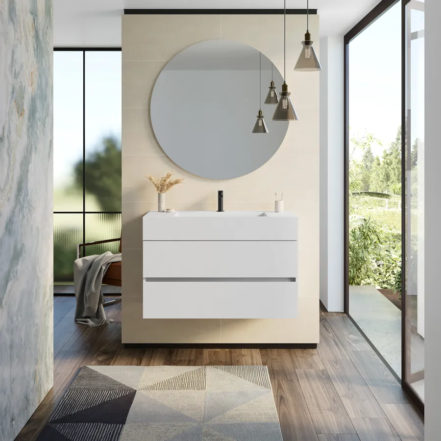 Mobile bagno sospeso 100 cm bianco opaco con top lavabo e specchio - Cover