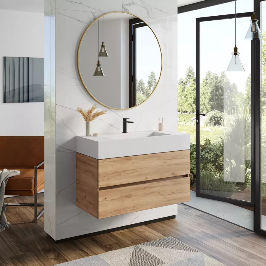 Mobile bagno sospeso 100 cm rovere gold con top lavabo e specchio - Cover