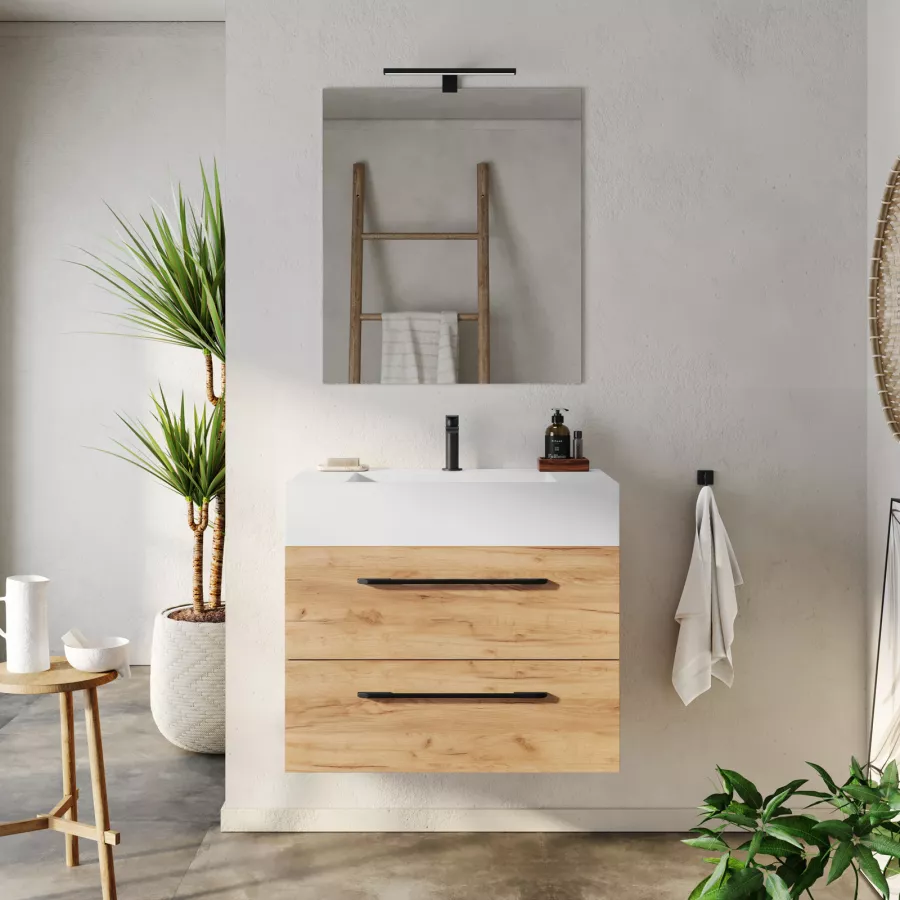 MOBILE BAGNO SOSPESO 80 CM BIANCO, TOP ROVERE E LAVABO APPOGGIO