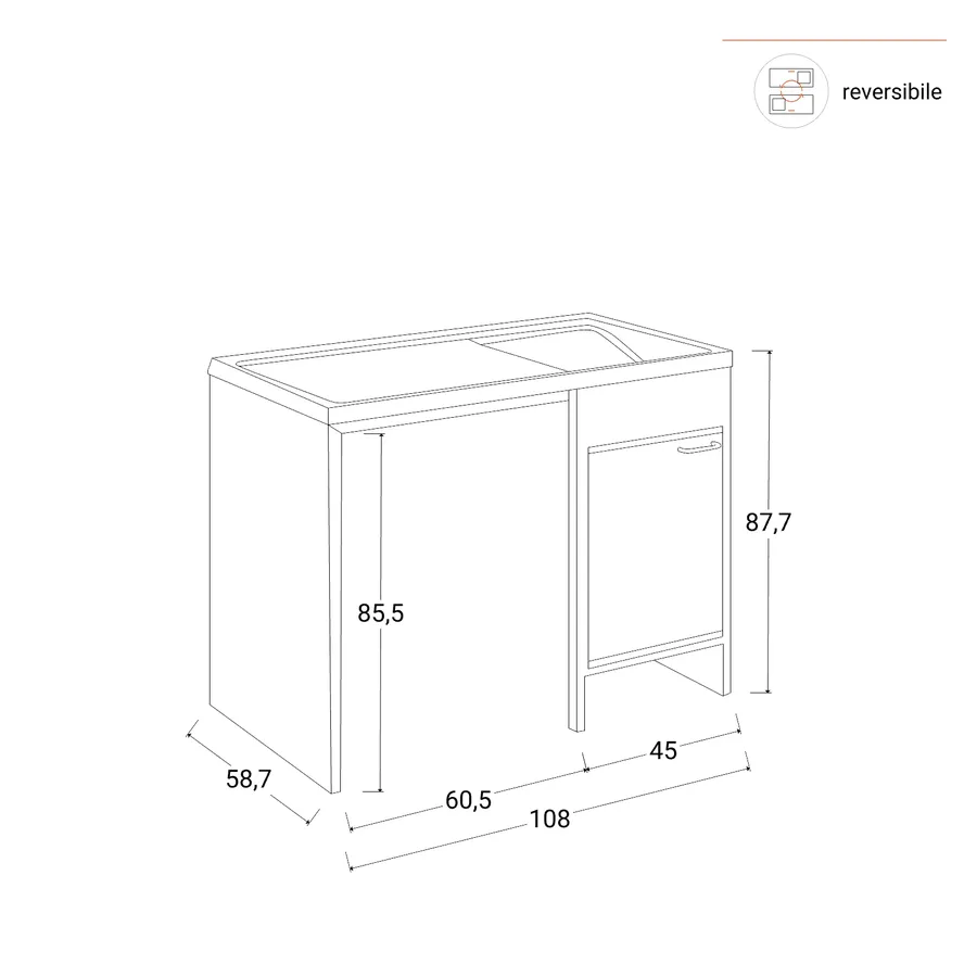 Mobile lavatoio coprilavatrice a 1 anta, vasca a destra 109x60. Completo di cestello scorrevole - S.r.l