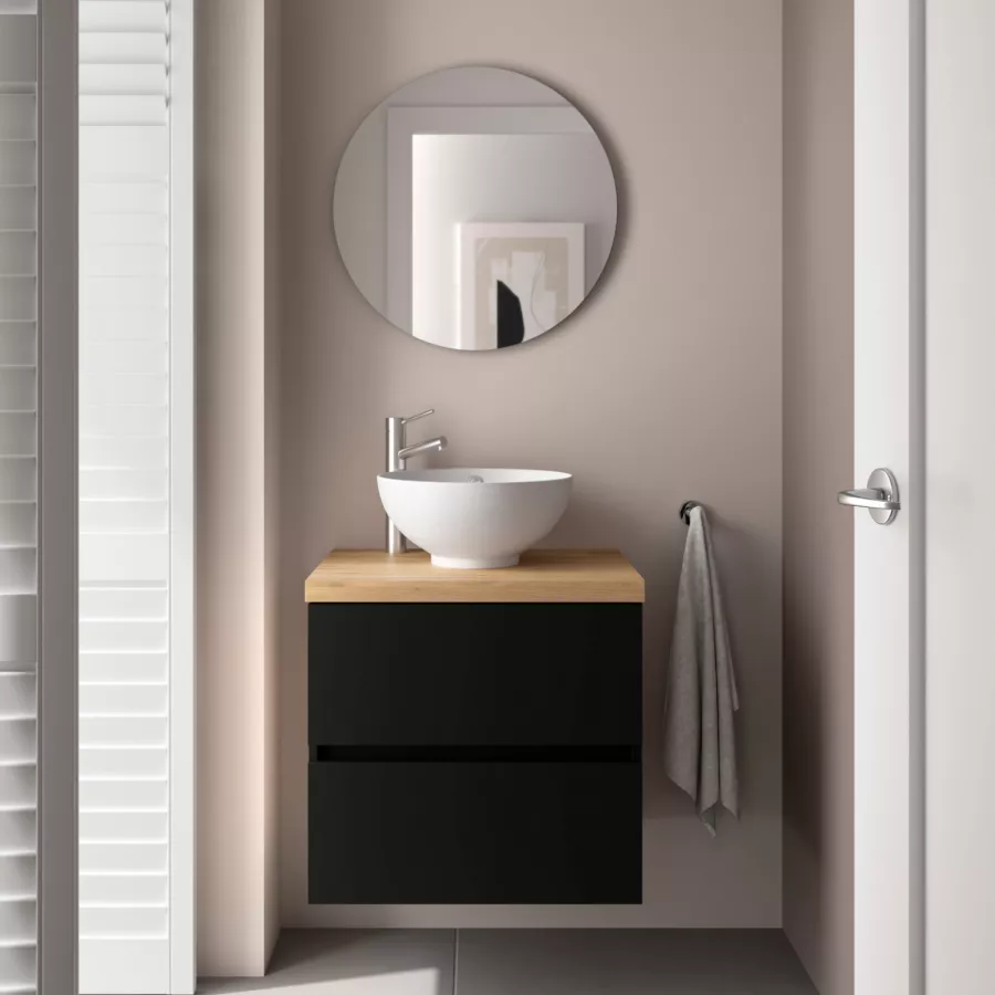 Mobile bagno sospeso 60 cm nero carbone opaco con top per lavabo appoggio e  specchio - Fully