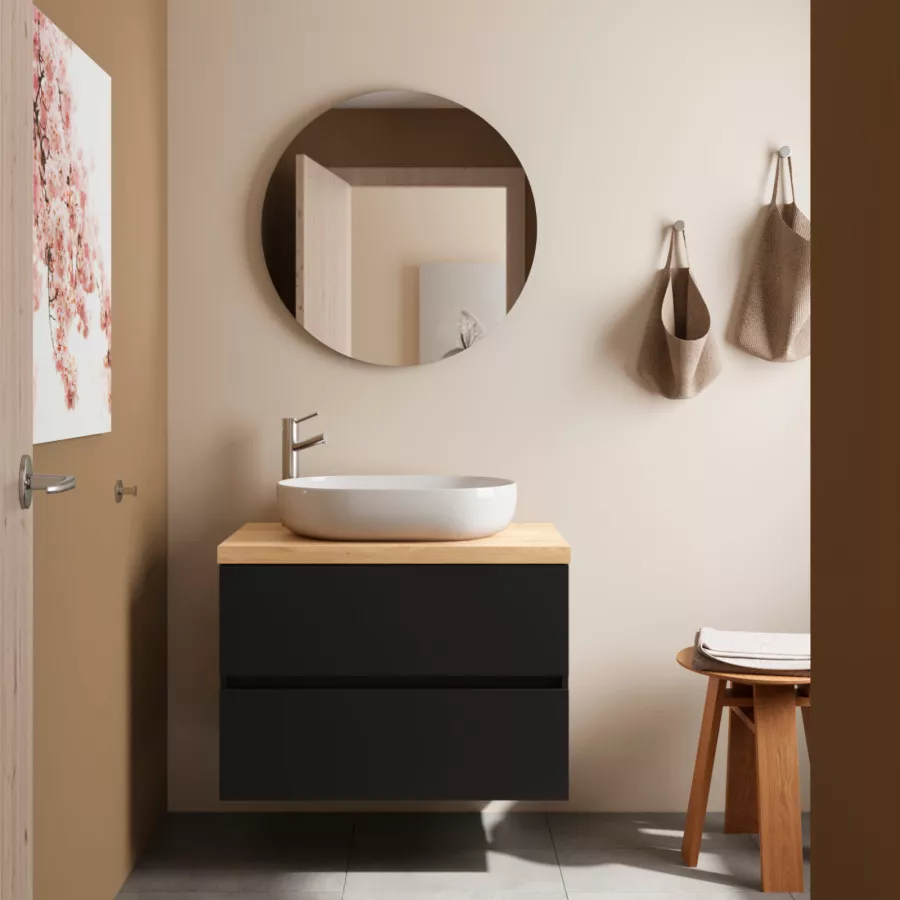 Mobile bagno sospeso 80 cm nero carbone opaco con top per lavabo appoggio e  specchio - Fully