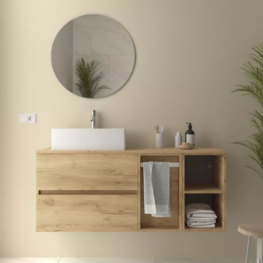 Mobile Bagno Sospeso Portalavabo Cm Con Toletta Vano A Giorno Rovere Africa E Specchio Fully