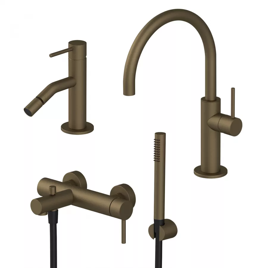 Set miscelatore lavabo con bidet ed esterno vasca con doccino ottone  satinato - Sand