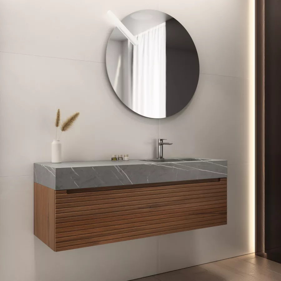 Mobile bagno sospeso portalavabo dx 120 cm noce maior cannettato con lavabo  grigio pietra - Cognac