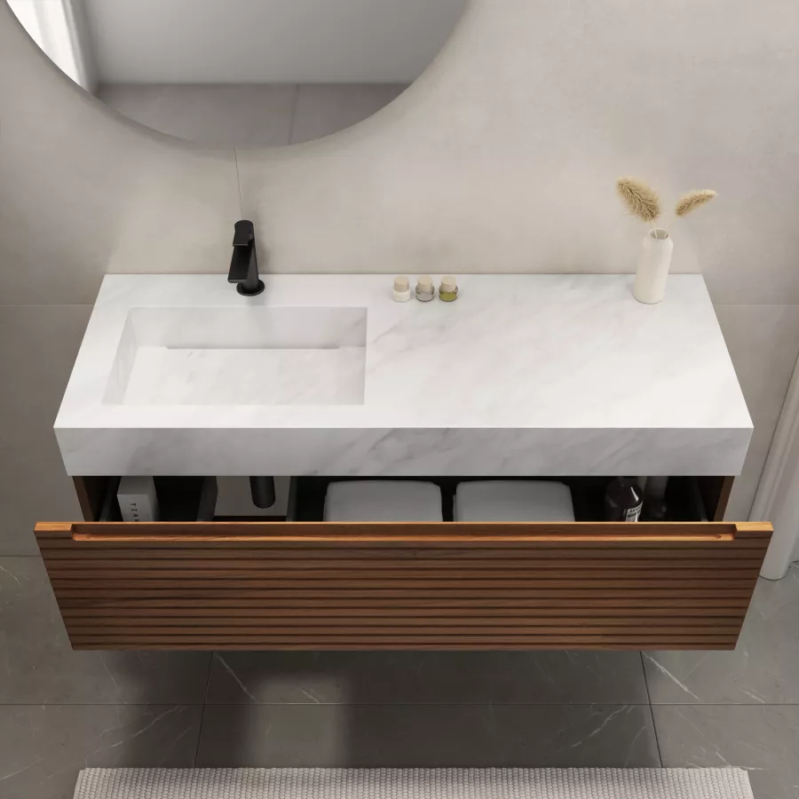 Mobile bagno sospeso portalavabo sx 120 cm noce maior cannettato con lavabo  bianco marmo - Cognac