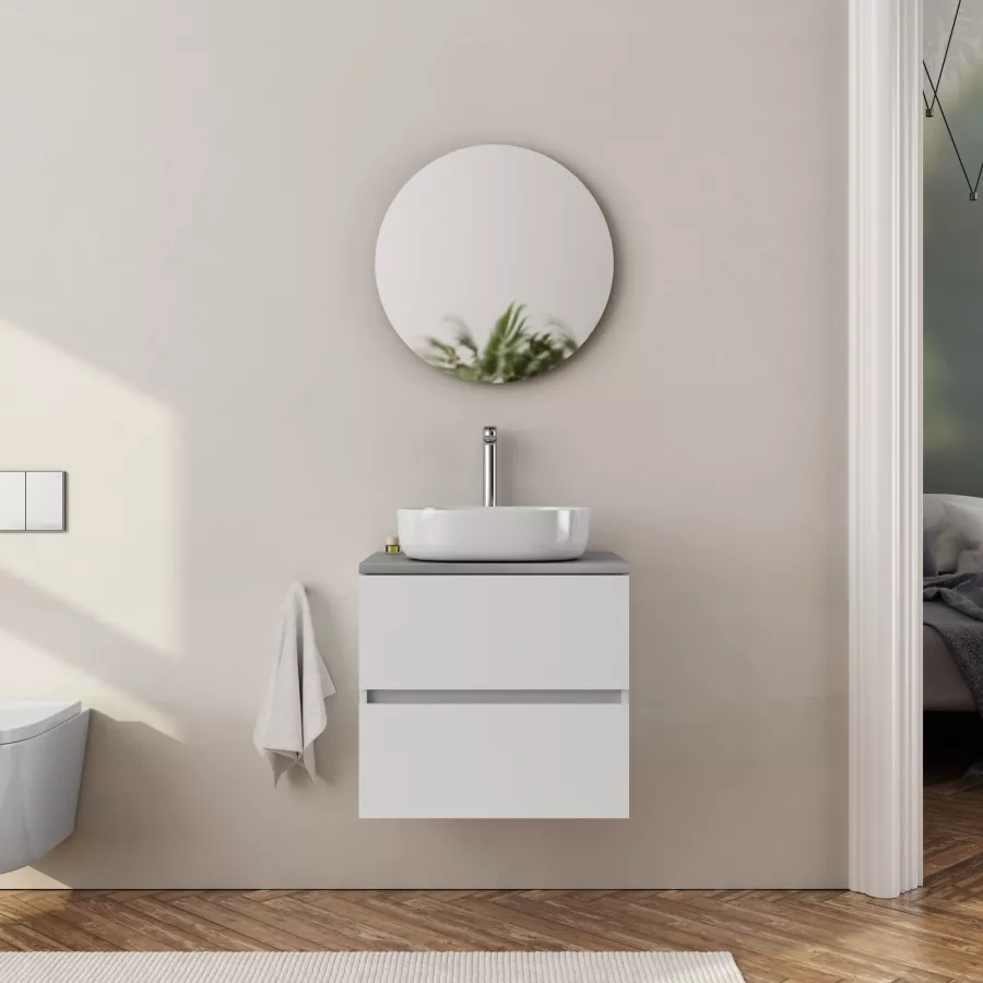 Mobile bagno portalavabo 60 cm bianco lucido con top 2,5 h grigio pietra e  specchio 