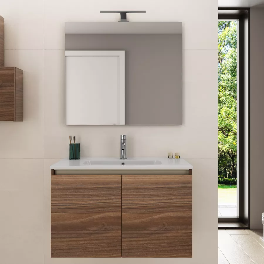 Bagno completo con mobile sospeso 80 cm bianco opaco 2 ante con specchio  sanitari e miscelatori 