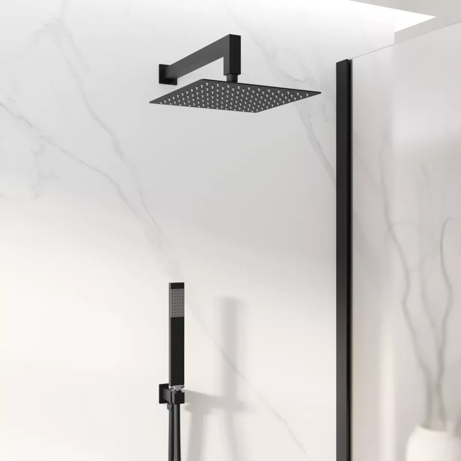 Kit Doccia Nero Opaco Con Braccio 35 Cm E Soffione 25x25 Cm, Acciaio Inox, Ugelli Anticalcare