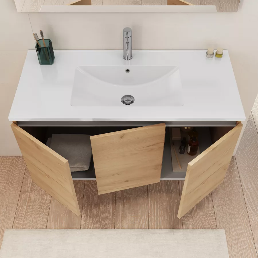 Bagno completo con mobile sospeso 100 cm rovere gold 3 ante con