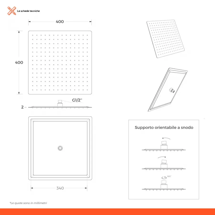 Set doccia con soffione 40x40 cm, braccio quadrato 40 cm e kit doccino nero  opaco