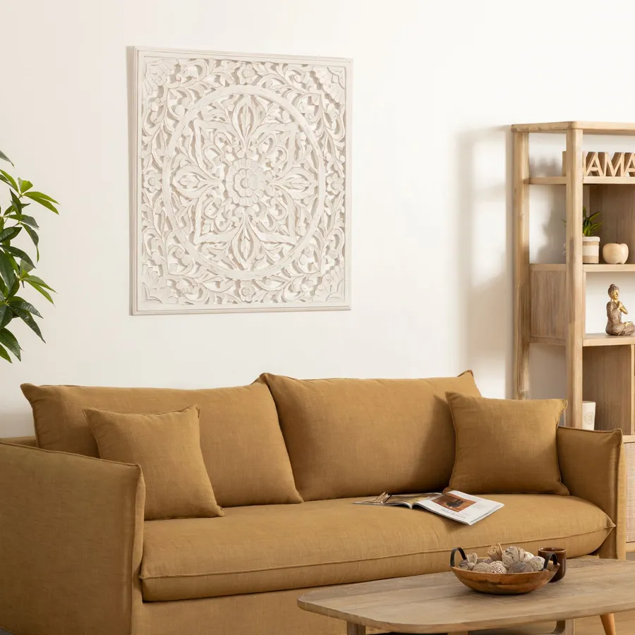 Decorazione Parete Legno Intagliato - Mandala Floreale Bianco 40cm, Stile Shabby Chic