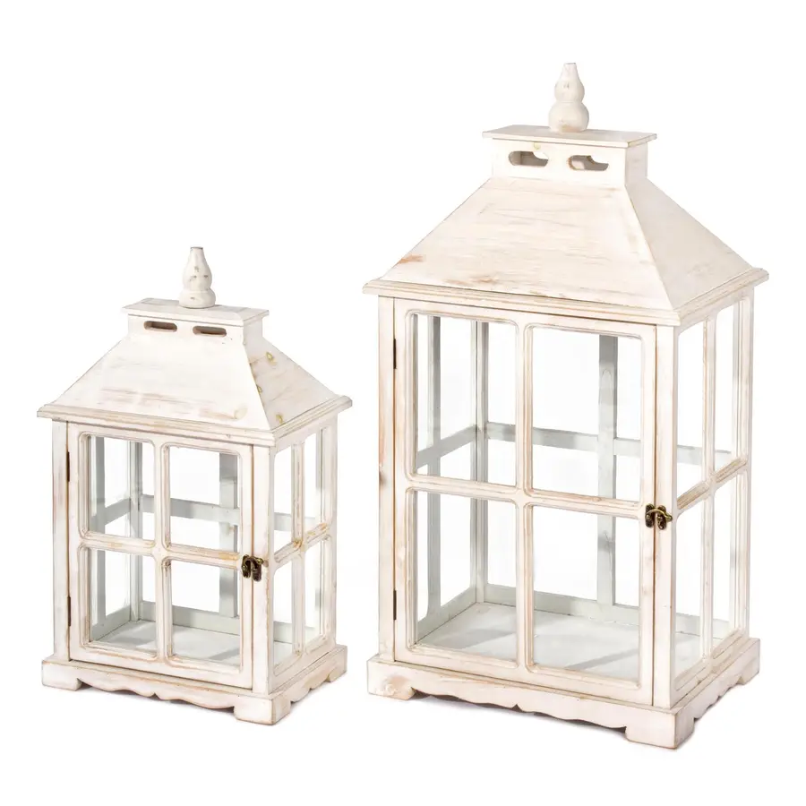 Set 2 lanterne in legno e vetro per arredo shabby interno ed esterno
