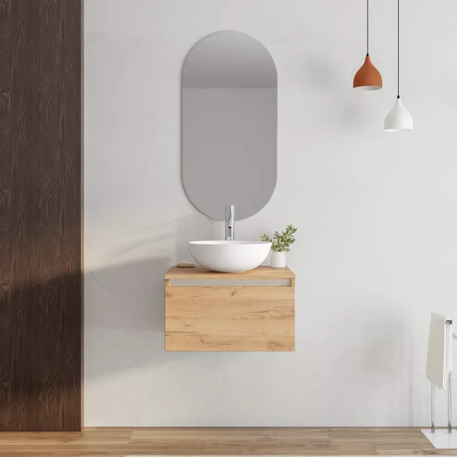 Mobile bagno sospeso portalavabo 60 cm in legno rovere gold con lavabo e  specchio - Plain