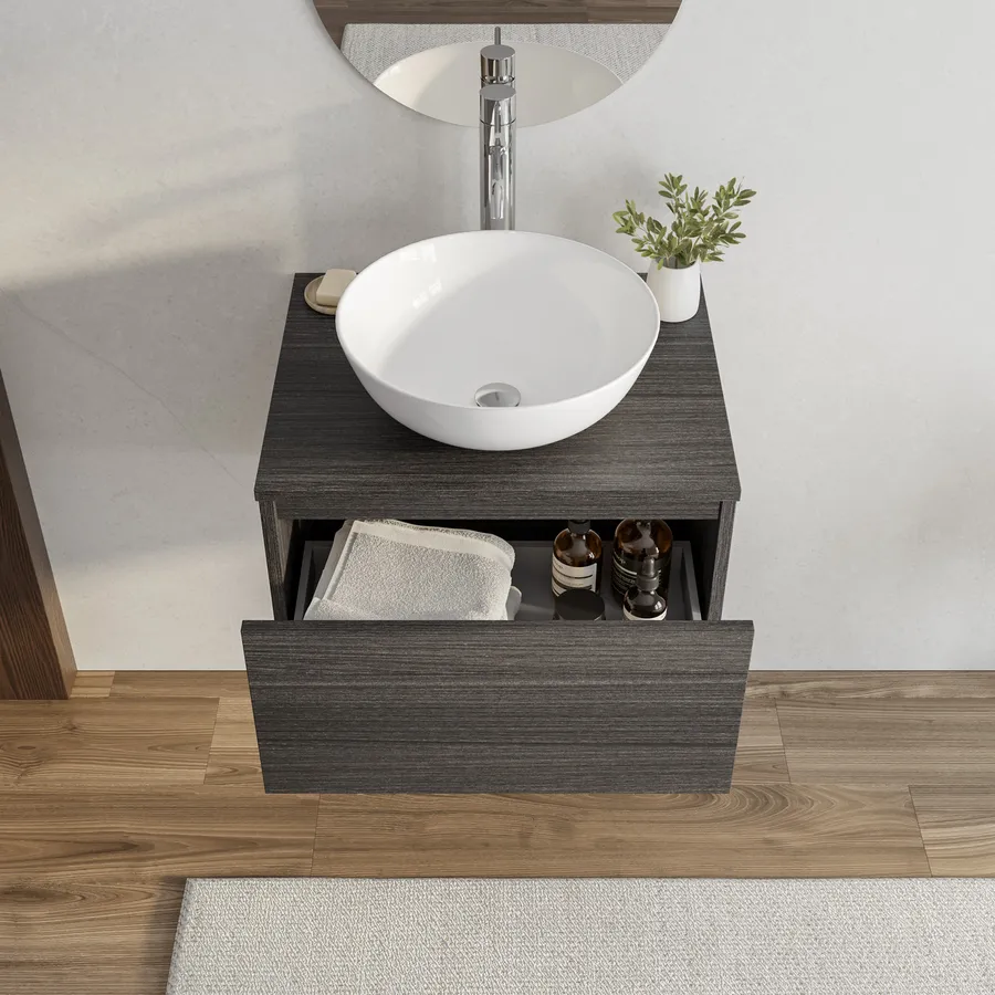 Mobile Bagno Con Lavabo E Specchio LED Savinidue - 60cm 2 Ante Rovere Grigio | Design Moderno - Foto 9